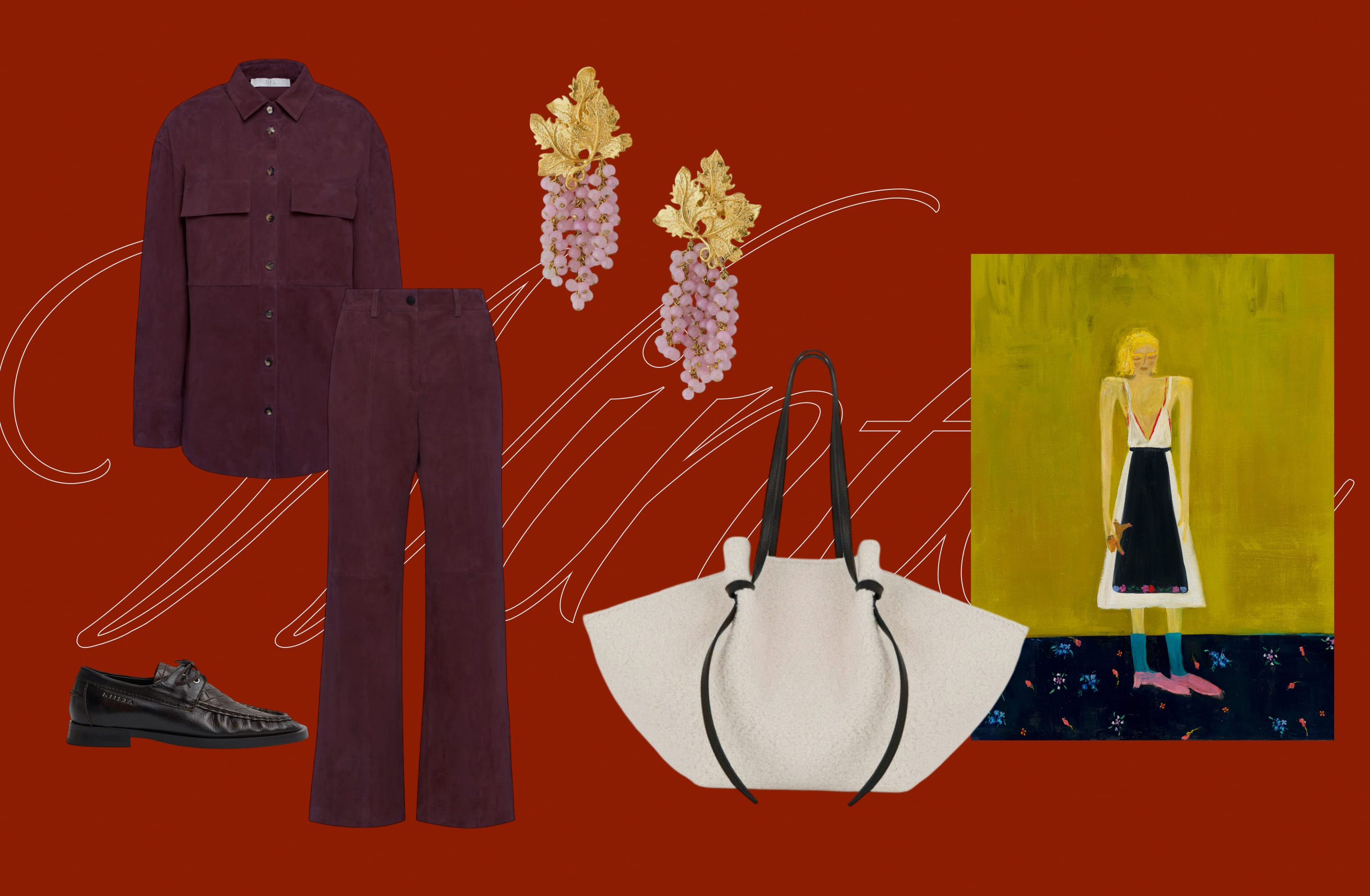 Костюм TELA, сумка YUZEFI, лоферы MIISTA, серьги Peracas, принт NUSELF x Зарина Гроевая.