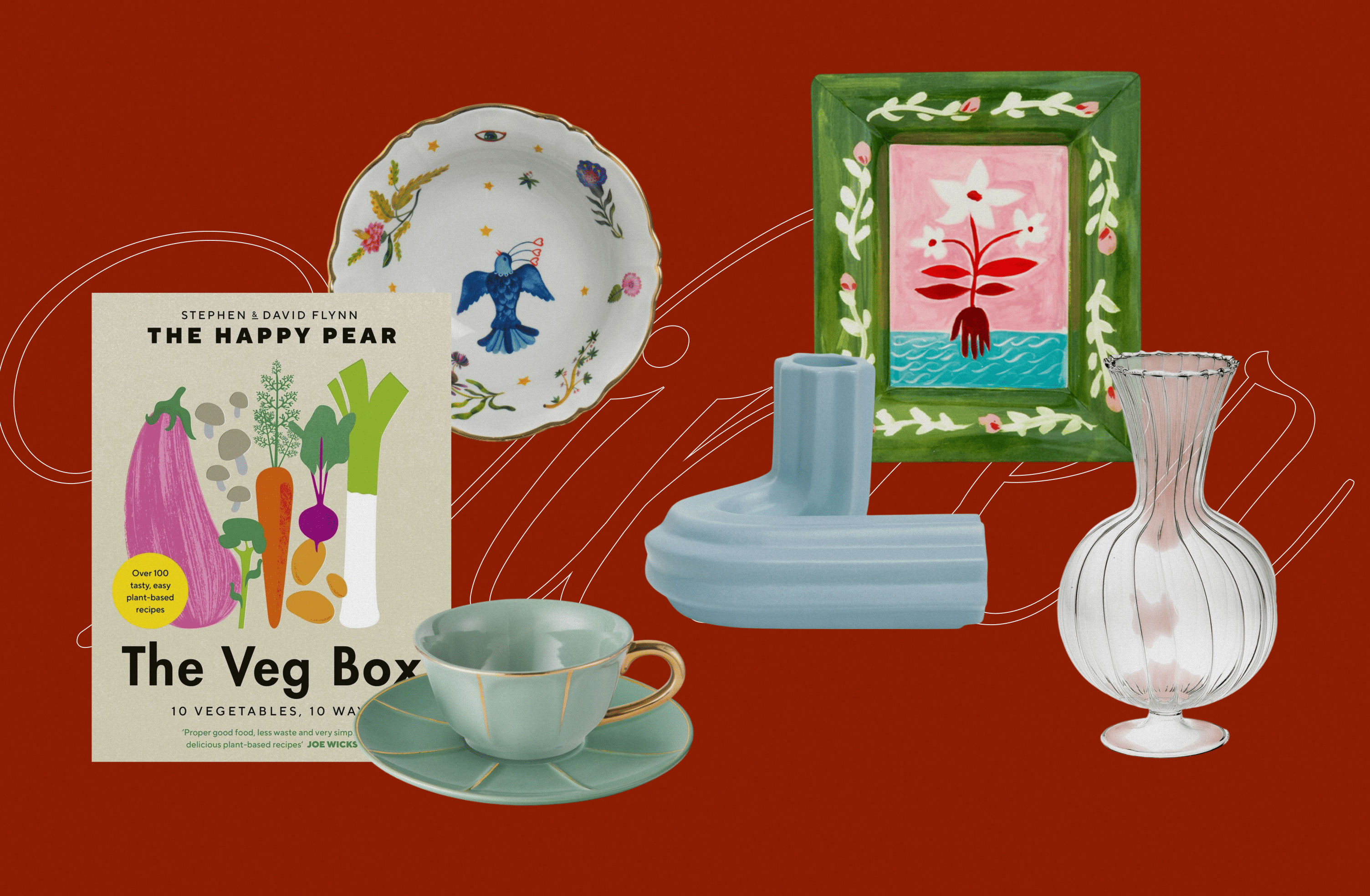 Книга NEW MAGS, салатник, чайная пара, поднос, графин Bitossi, подсвечник Octaevo.