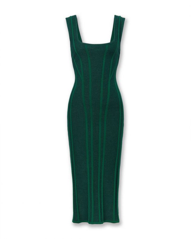 Вязаное платье миди с корсетными линиями, цвет темно-зеленый - изображение 1