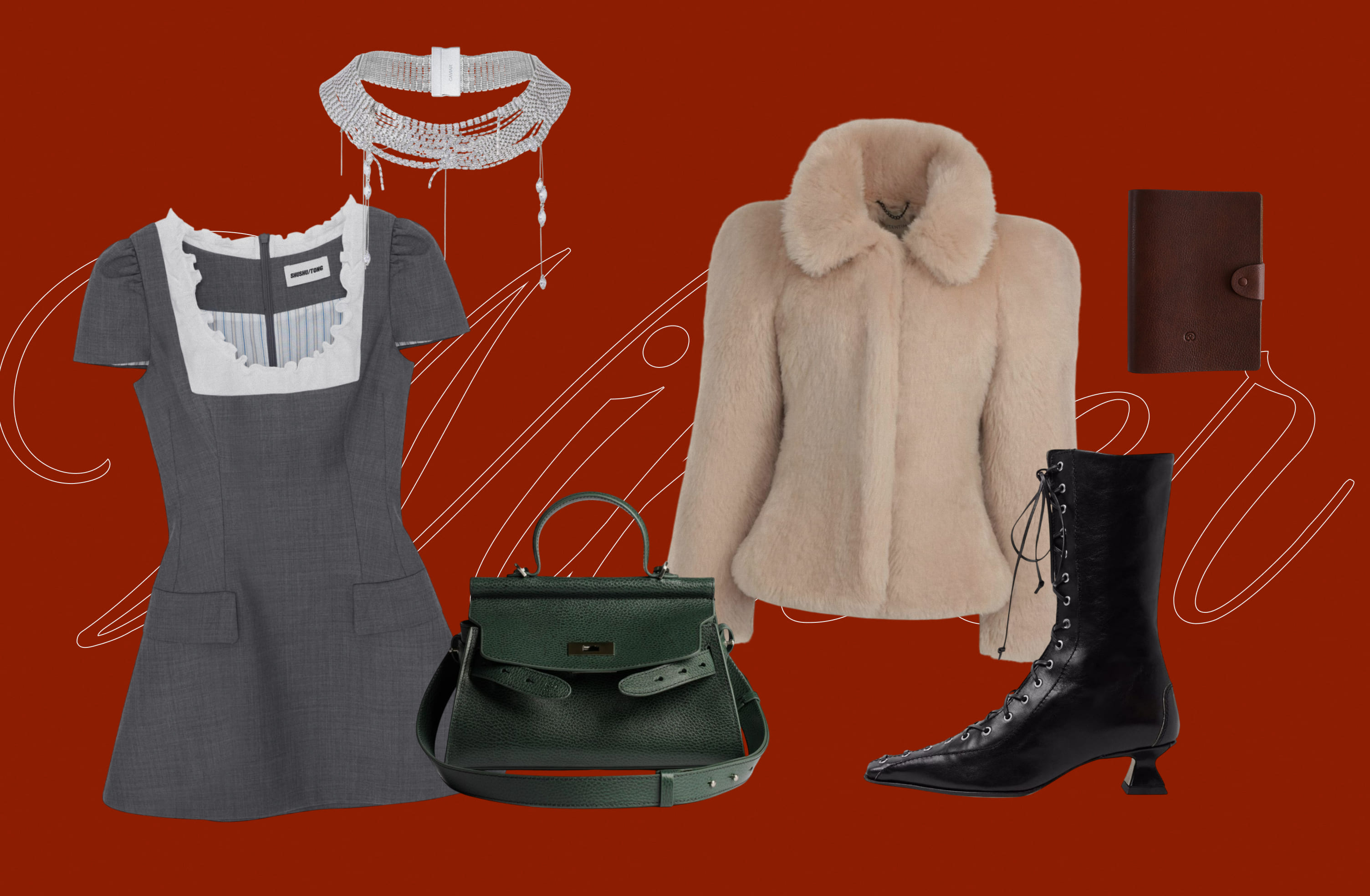 Платье SHUSHU/TONG, колье CAVIAR, сумка COIS, шуба AUTENTIMENTS, ботильоны MIISTA, блокнот COIS.