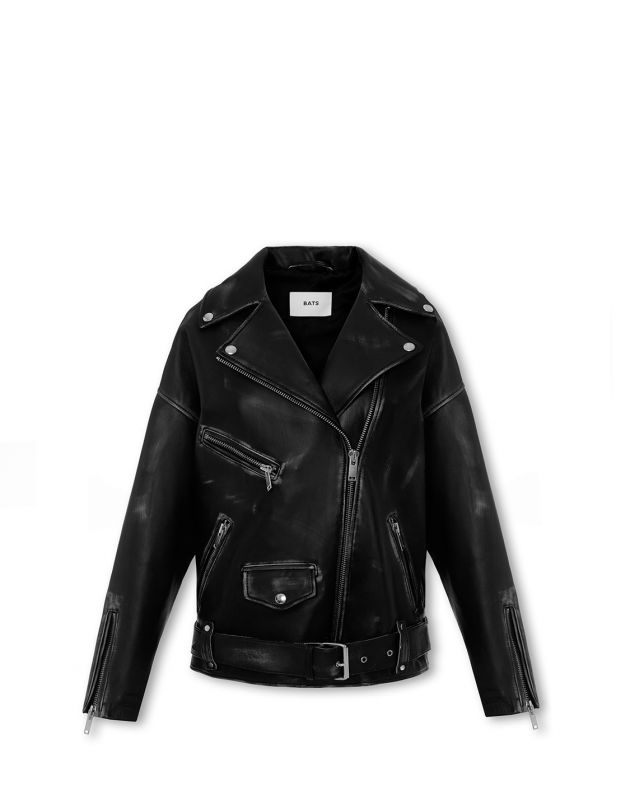 Кожаная куртка оверсайз с эффектом потертости, цвет черный - изображение 1