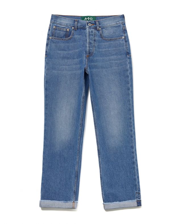 Укороченные джинсы со средней посадкой и потертостями, цвет голубой - изображение 1