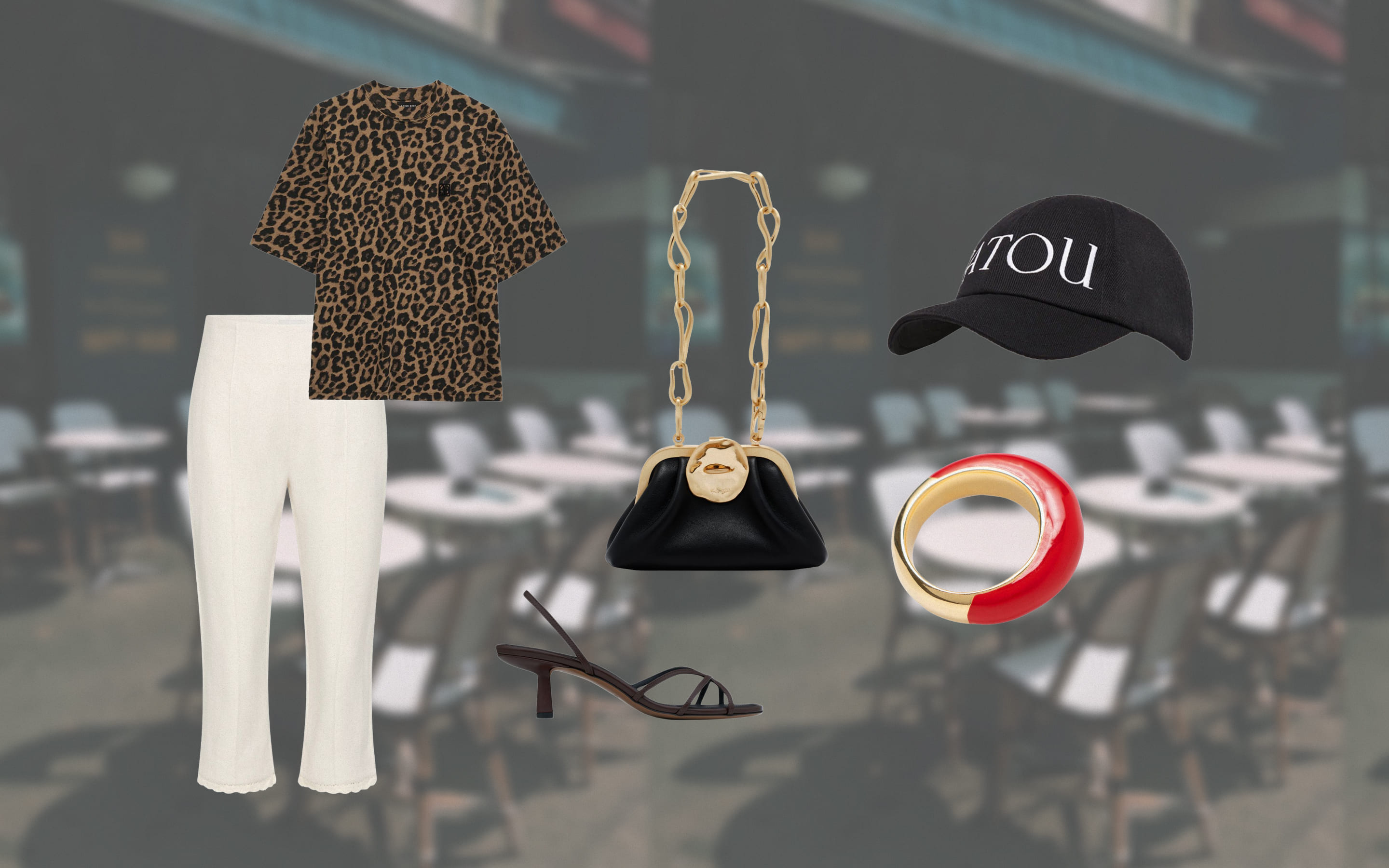 Футболка Anine Bing, капри Posse, босоножки NEOUS, сумка Cult Gaia, кепка Patou, сет колец Copine Jewelry.