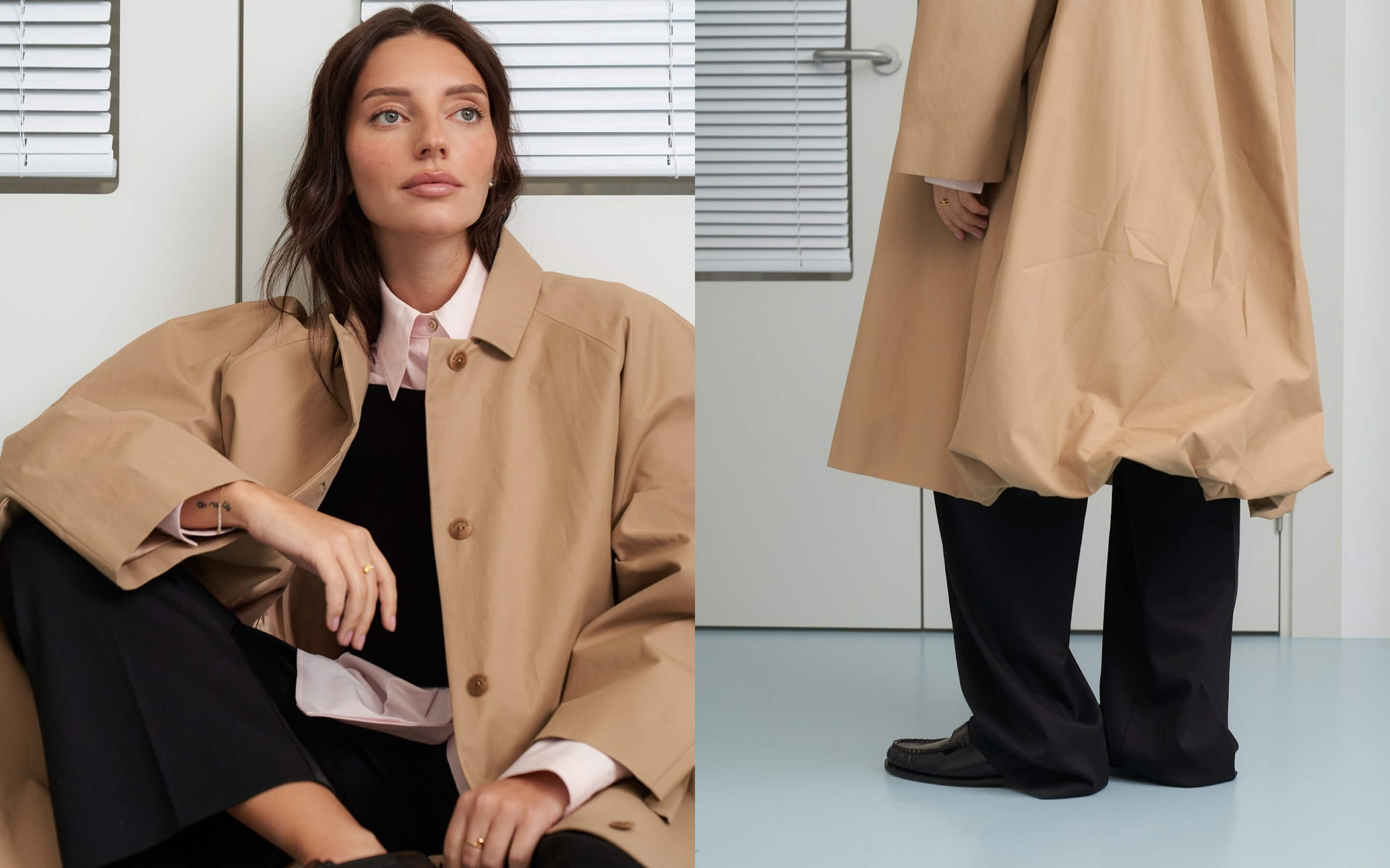 Рубашка COIS, топ extreme cashmere, брюки LOULOU DE SAISON, тренч Cordera, лоферы MIISTA.