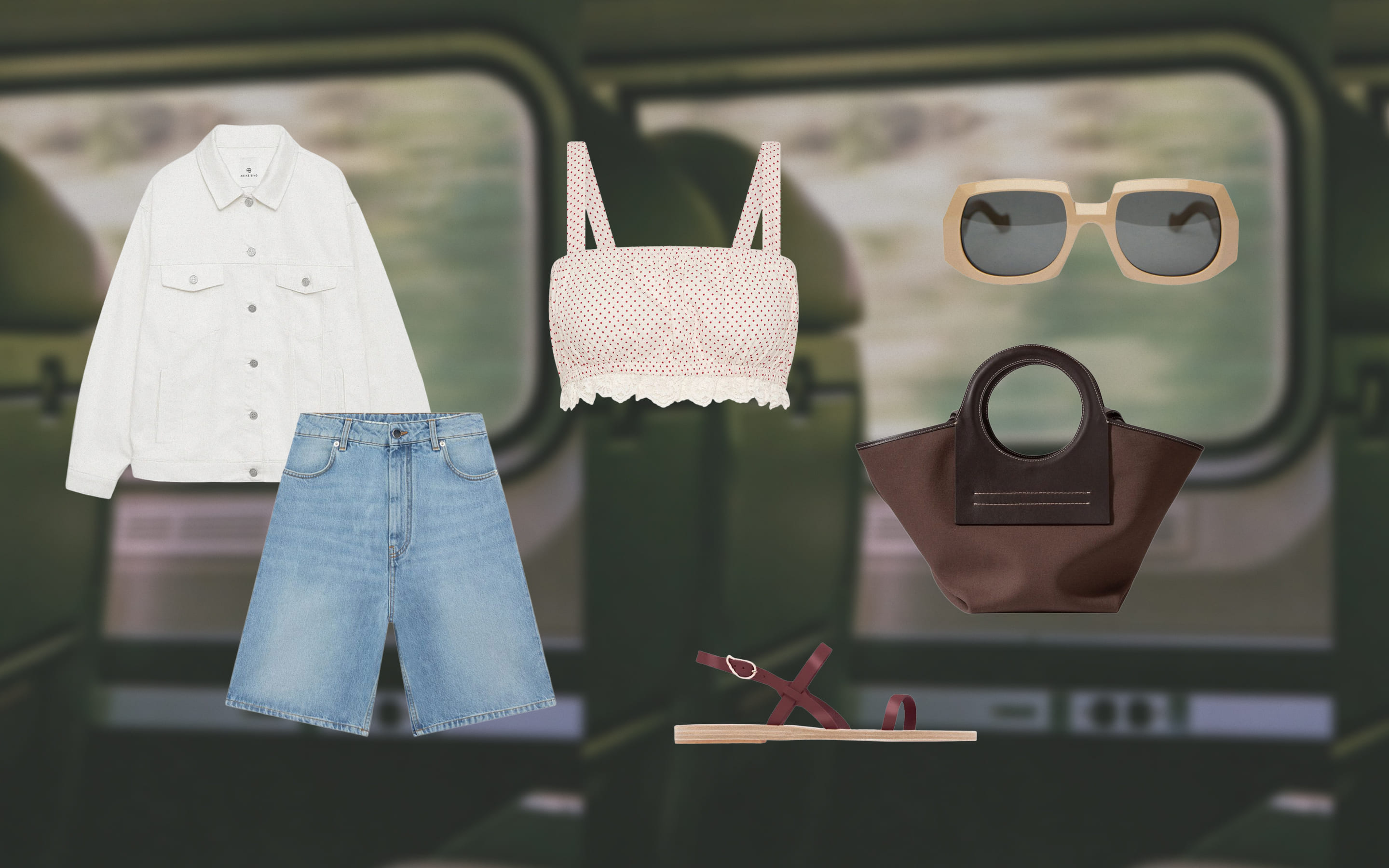 Топ Posse, джинсовка Anine Bing, сумка Hereu, шорты LOULOU DE SAISON, сандалии Ancient Greek Sandals, очки TOL Eyewear.
