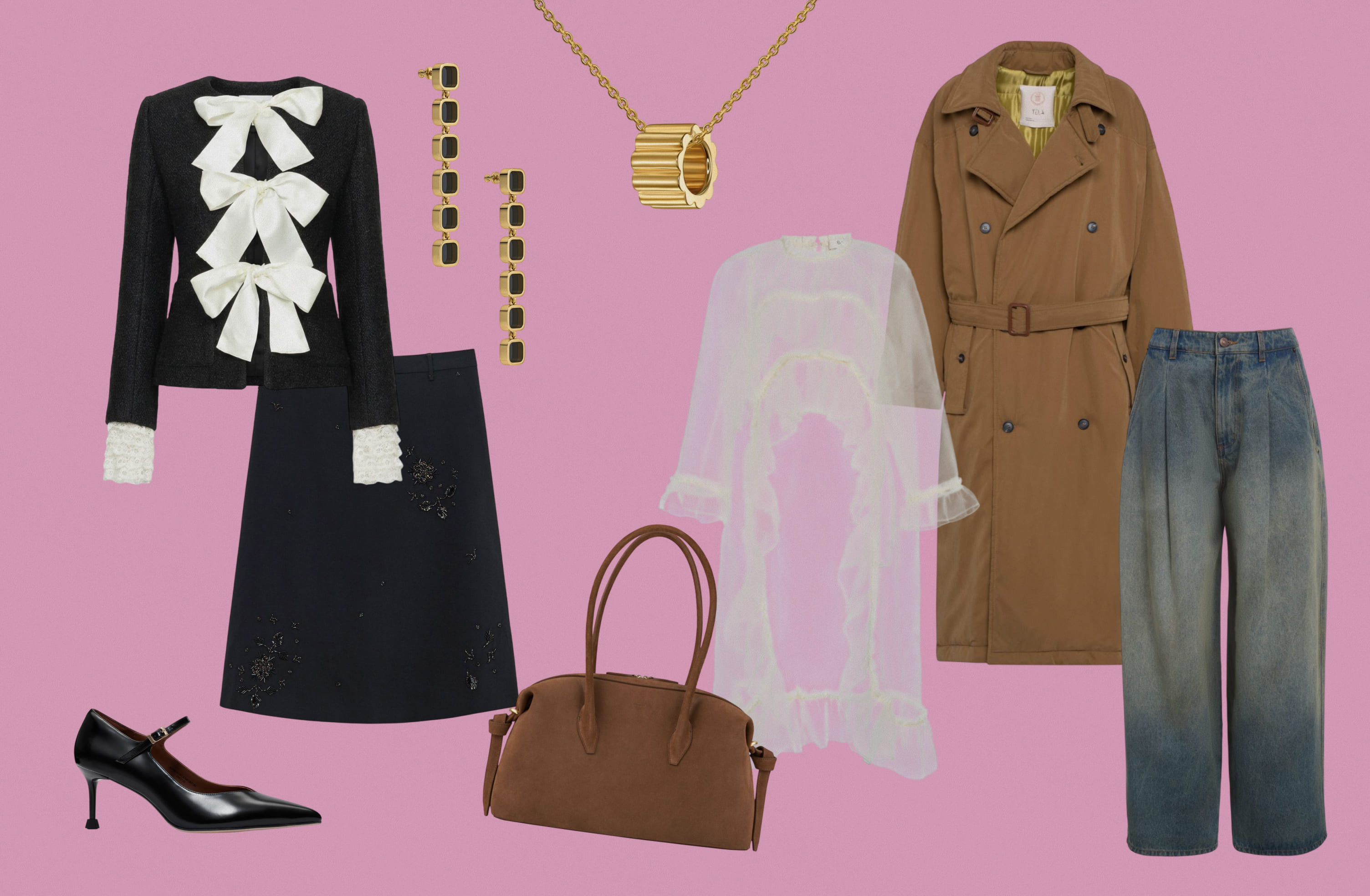 Жакет Sea NY, юбка Cordera, туфли SHUSHU/TONG, сумка YUZEFI, серьги 10.GRAN, подвеска JOSER, топ-накидка Sea NY, пальто TELA, джинсы Sea NY.