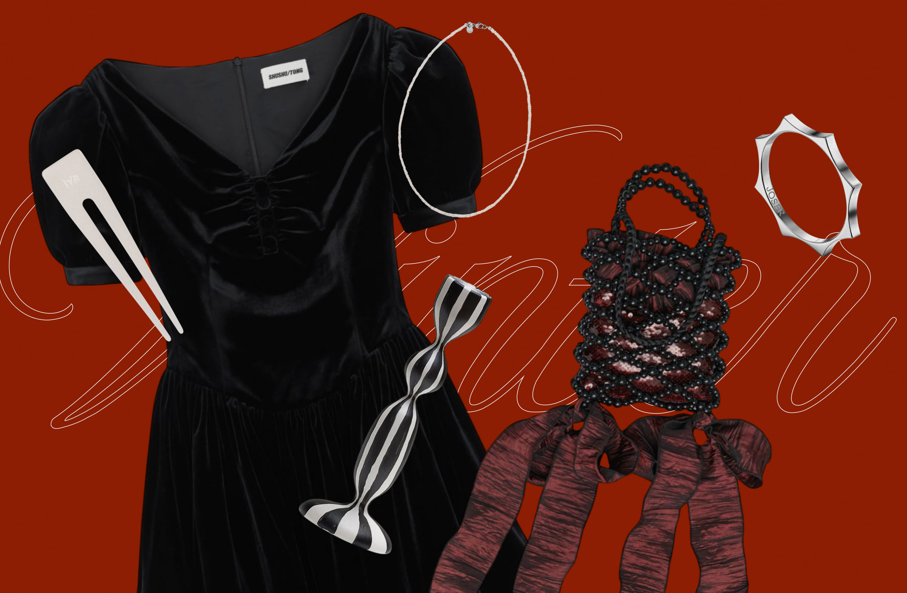 Платье SHUSHU/TONG, шпилька Hairmates, сумка muus, подсвечник EVE, кольцо JOSER, бусы Moonka.