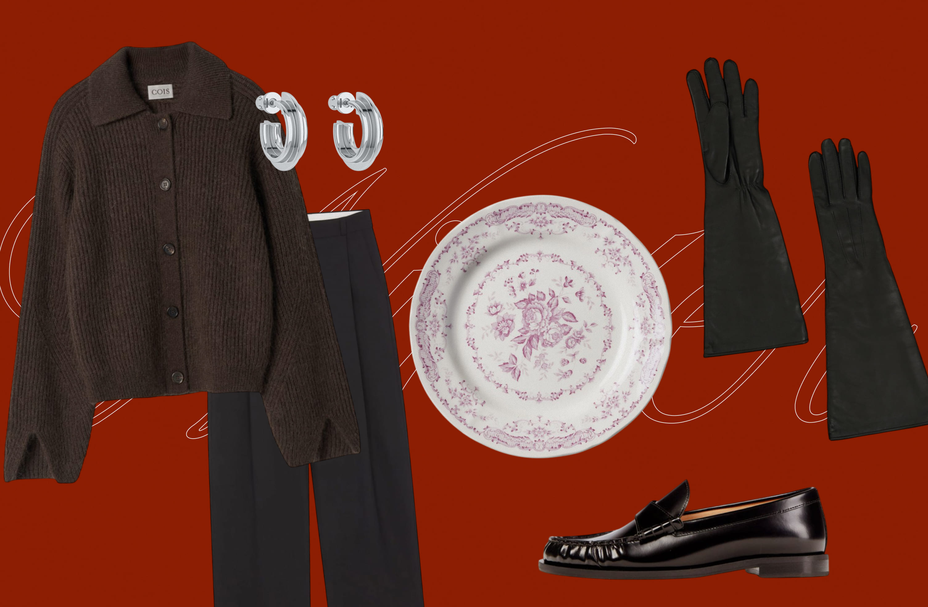 Кардиган COIS, брюки Roseanna, серьги 10.GRAN, тарелка Bitossi, лоферы Dear Frances, перчатки AUTENTIMENTS.