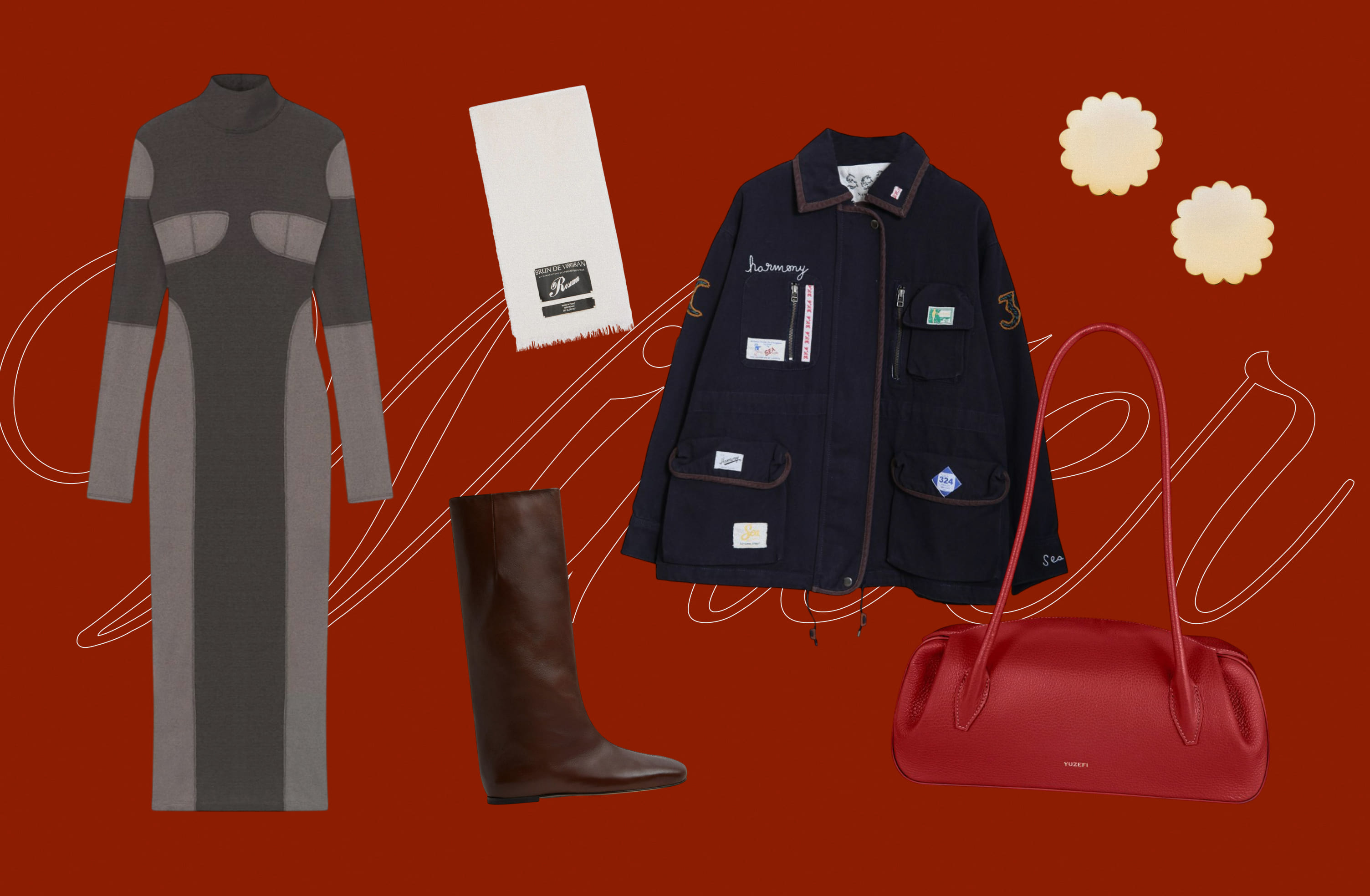 Платье Nanushka, сапоги MIISTA, шарф Roseanna, куртка Sea NY, сумка YUZEFI, серьги JOSER.