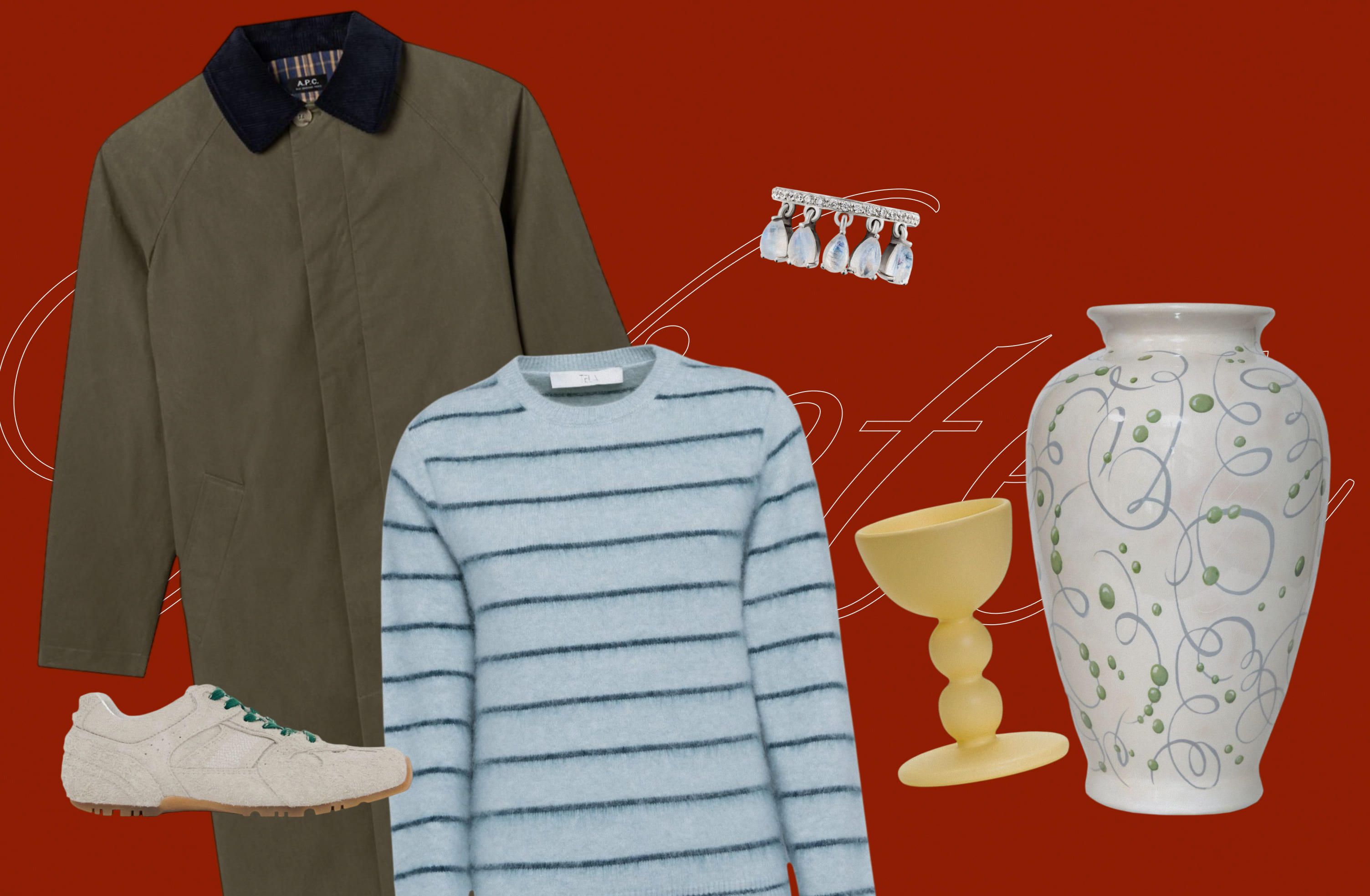 Плащ A.P.C., свитер TELA, кроссовки ALOHAS, кольцо Moonka, пашотница EVE, ваза SAMPLE.UNITS.