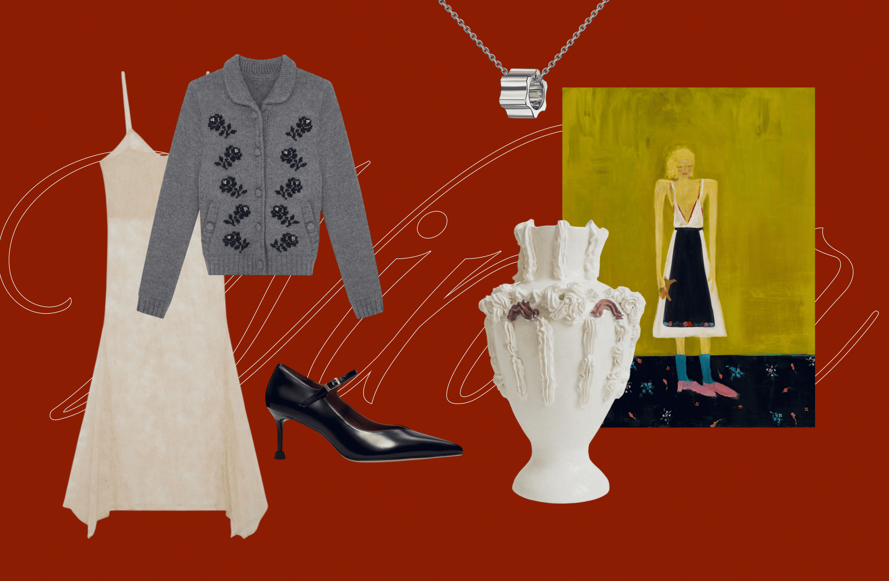 Платье Roseanna, кардиган и туфли SHUSHU/TONG, подвеска JOSER, ваза NUSELF x Полина Шутова, принт NUSELF x Зарина Гроевая.