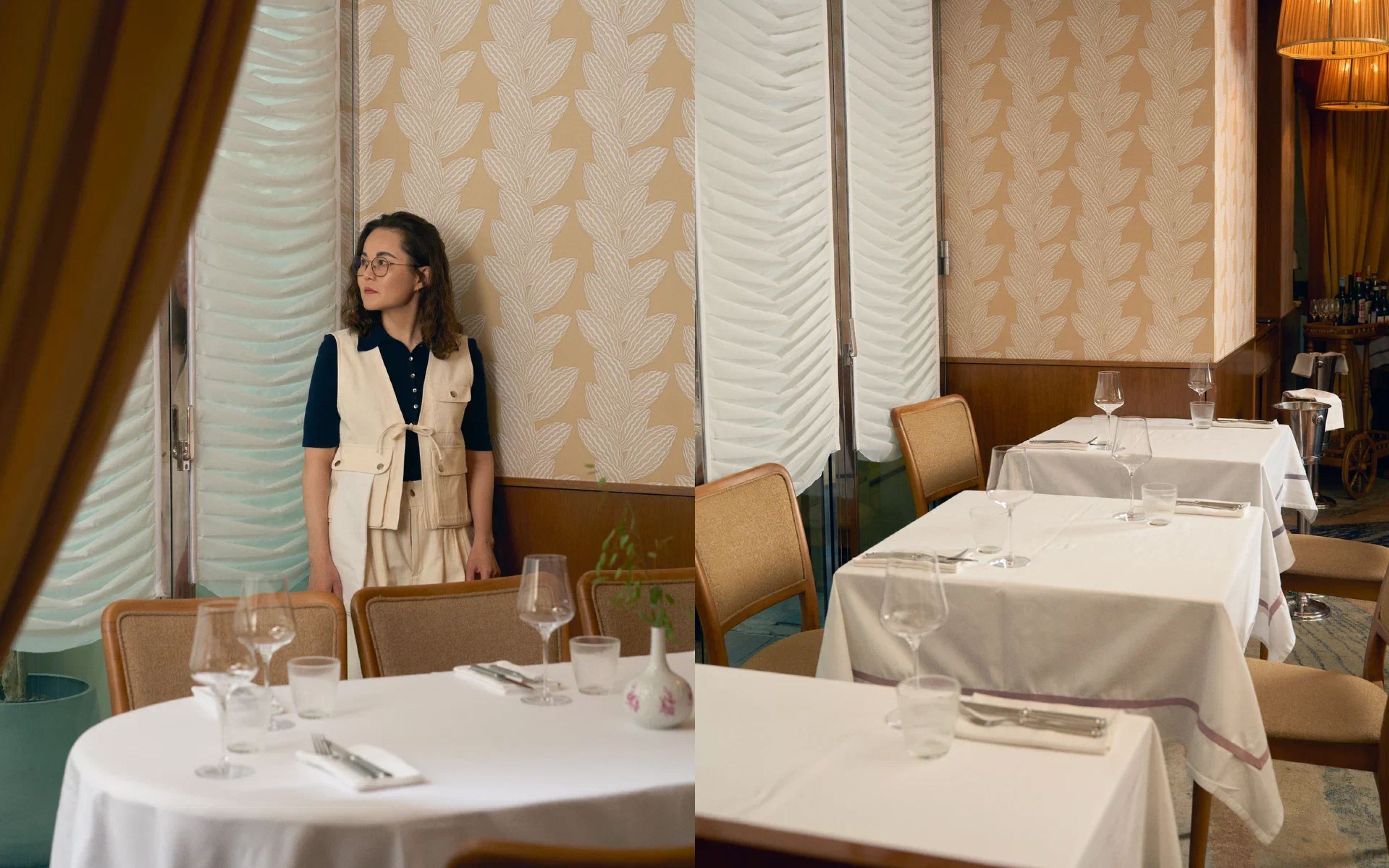 Фото слева: Дина Эргешова, шеф-повар Lucky Izakaya Bar. На Дине: поло A.P.C., жилет и брюки Sea NY, босоножки NEOUS. Фото справа: интерьер ресторана Niki Piano Bar.
