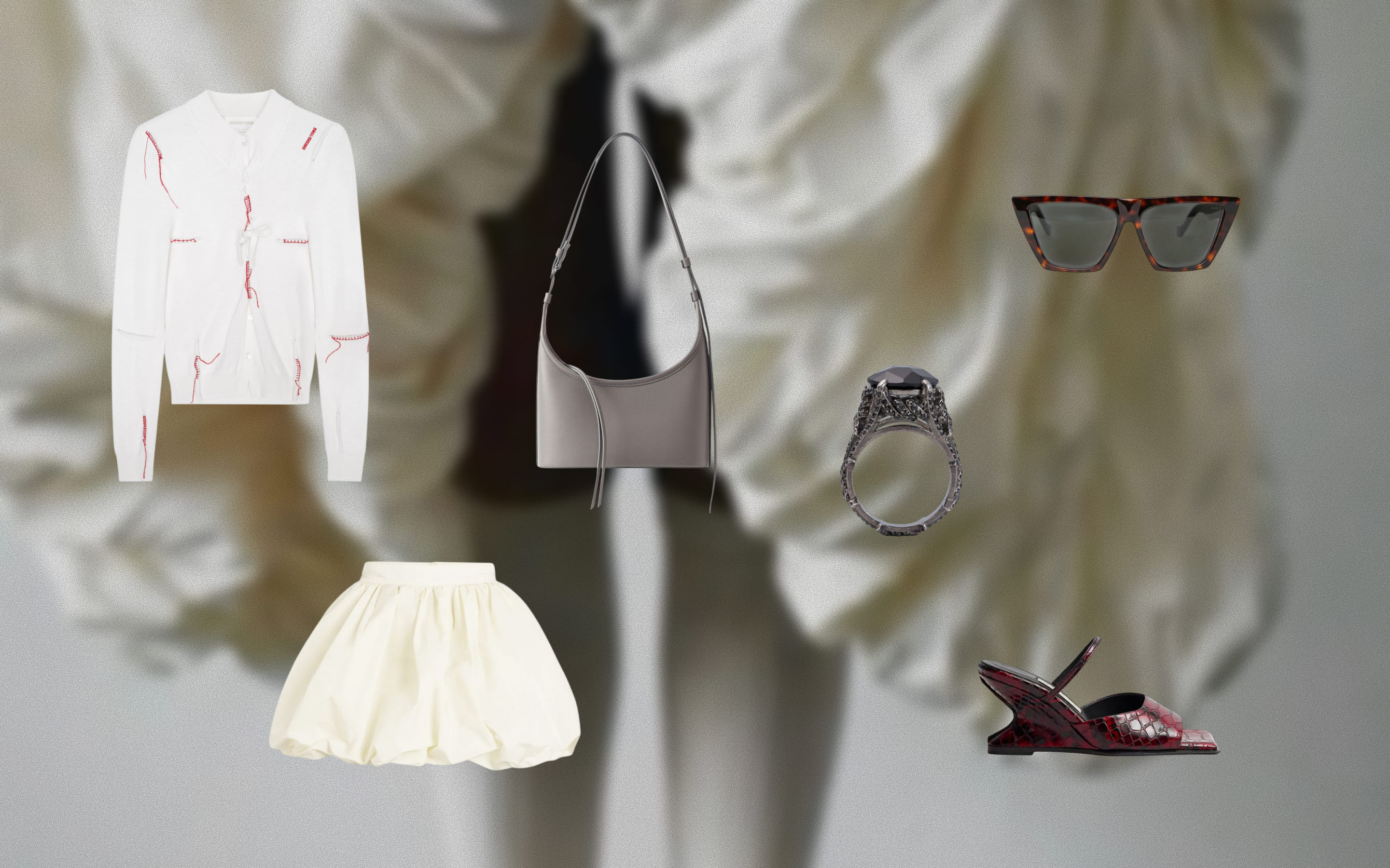 Джемпер SHUSHU/TONG, юбка Patou, босоножки MIISTA, сумка JENEK, кольцо CAVIAR, очки TOL Eyewear.