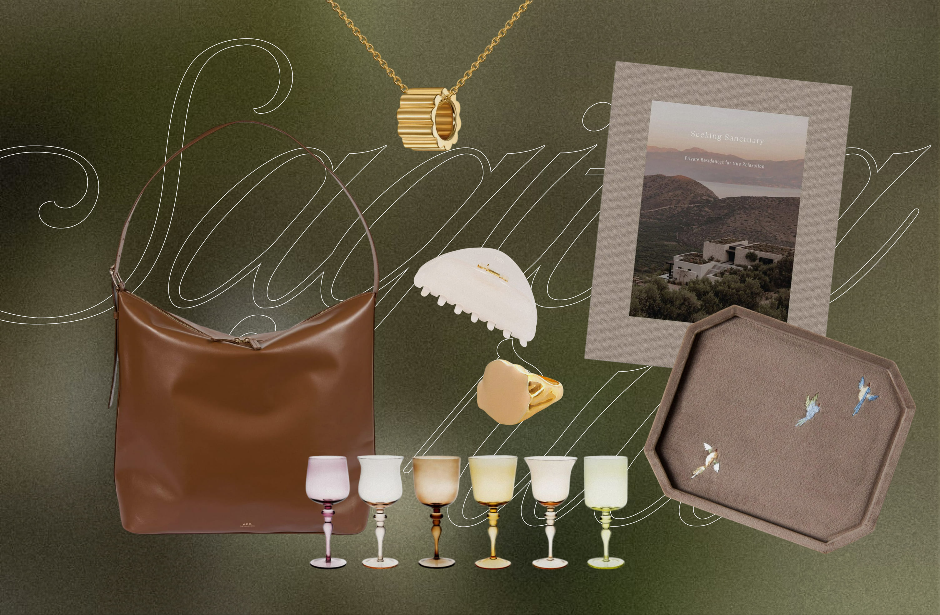 Сумка A.P.C., подвеска JOSER, заколка Hairmates, кольцо Joanna Laura Constantine, книга NEW MAGS, шкатулка Sitis, шапка A.P.C., кардиган SHUSHU/TONG, набор бокалов Bitossi.