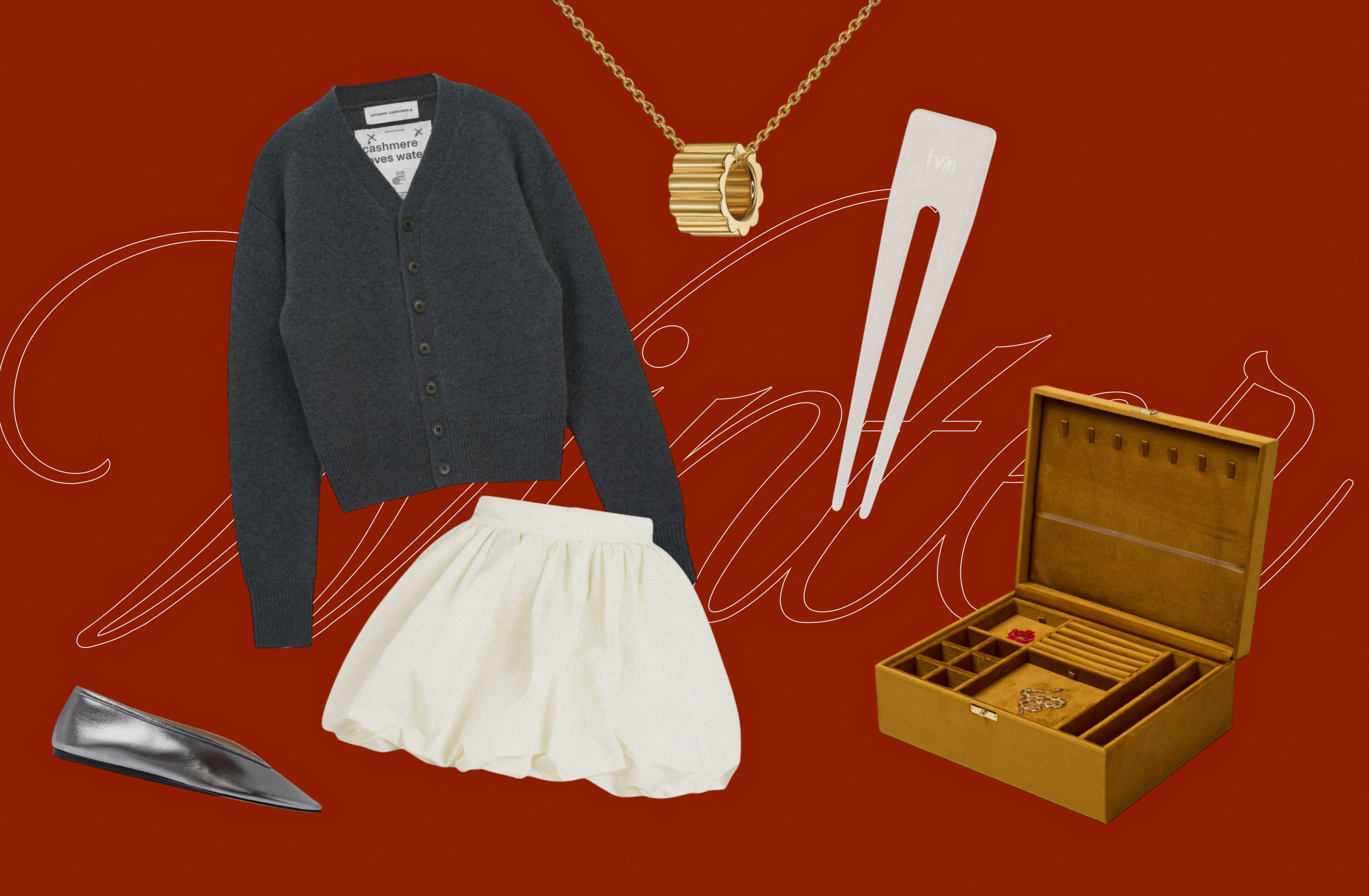 Юбка Patou, кардиган extreme cashmere, балетки Le Monde Beryl, подвеска JOSER, шпилька Hairmates, шкатулка Sitis.