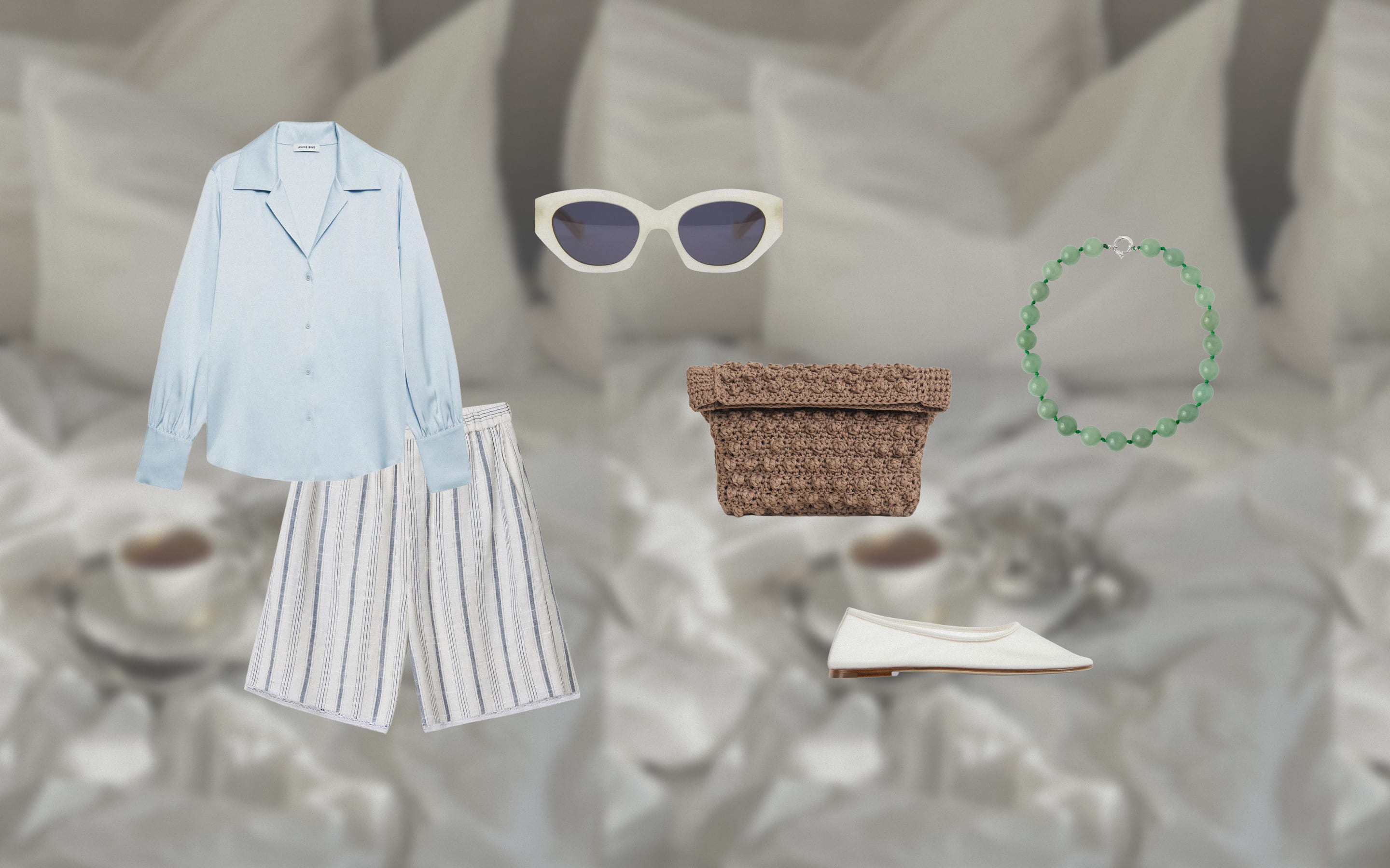 Блуза Anine Bing, шорты Cordera, балетки Dear Frances, сумка COIS, бусы Copine Jewelry, очки TOL Eyewear.&nbsp;