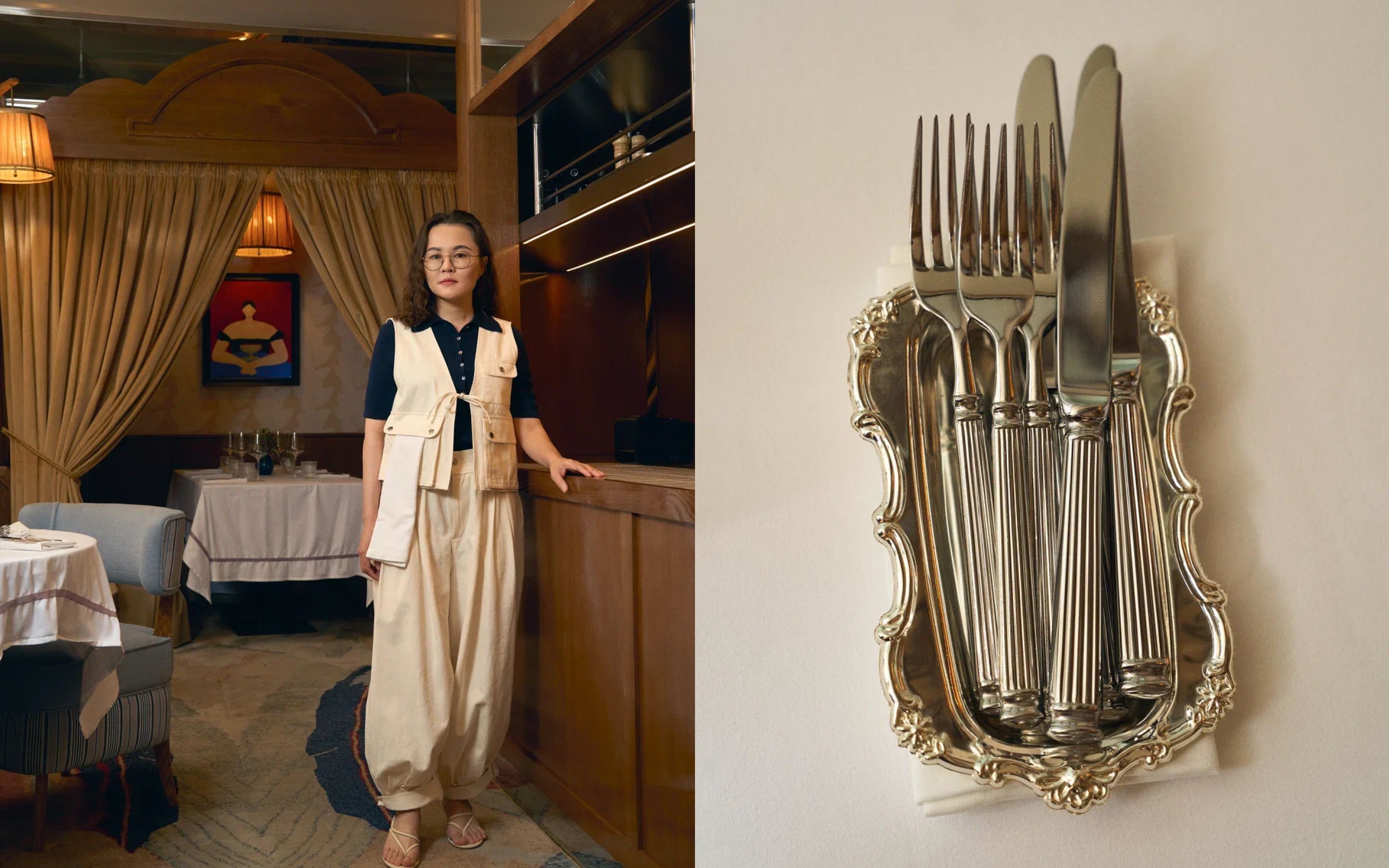 Фото слева: Дина Эргешова, шеф-повар Lucky Izakaya Bar. На Дине: поло A.P.C., жилет и брюки Sea NY, босоножки NEOUS. Фото справа: детали ресторана Niki Piano Bar.