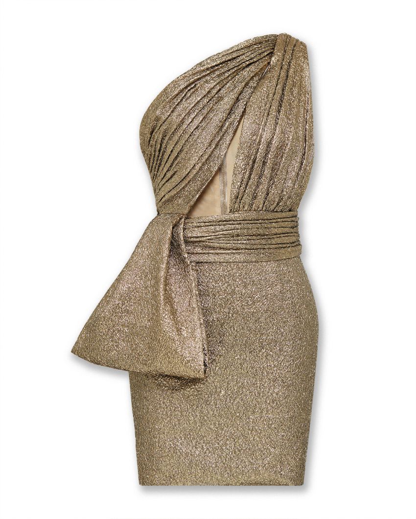 Платье мини на одно плечо из фактурной бронзовой ткани