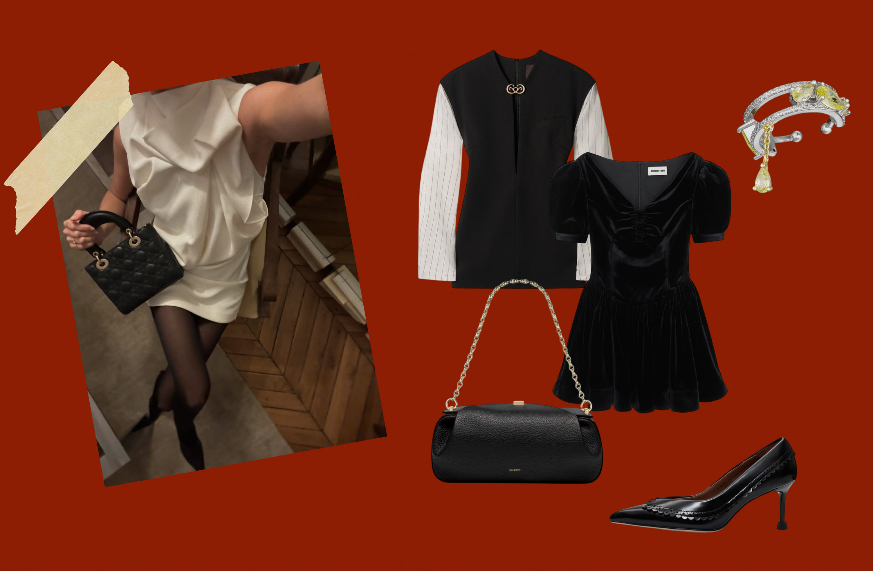 Платье COIS, платье SHUSHU/TONG, сумка YUZEFI, туфли SHUSHU/TONG, кафф CAVIAR.
