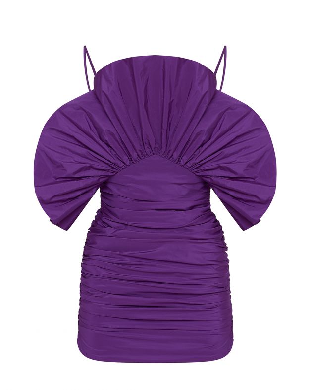 Платье мини со сборками и объемным лифом-цветком, цвет фиолетовый - изображение 1