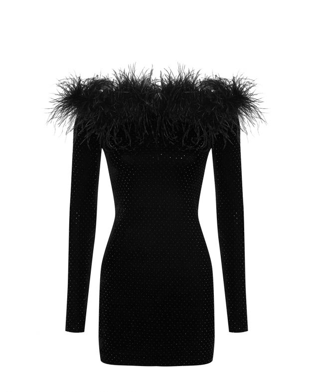 Платье мини с кристаллами и перьями, цвет черный - изображение 1