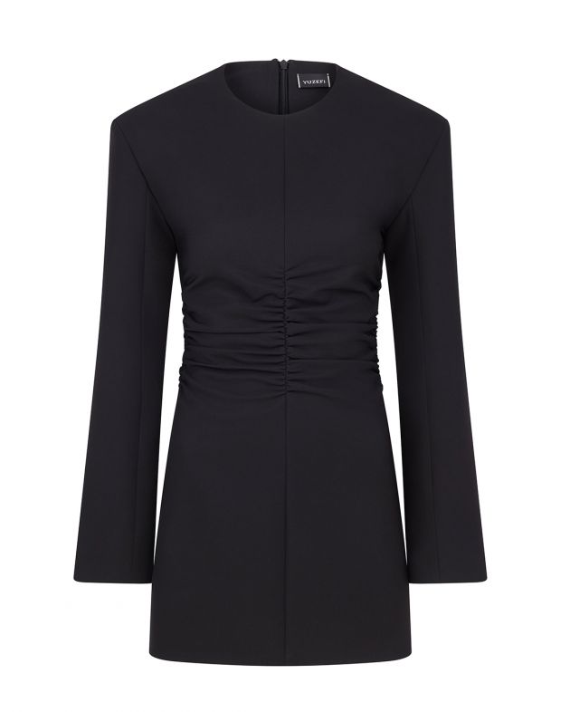Платье мини со сборками и длинными рукавами, цвет черный - изображение 1