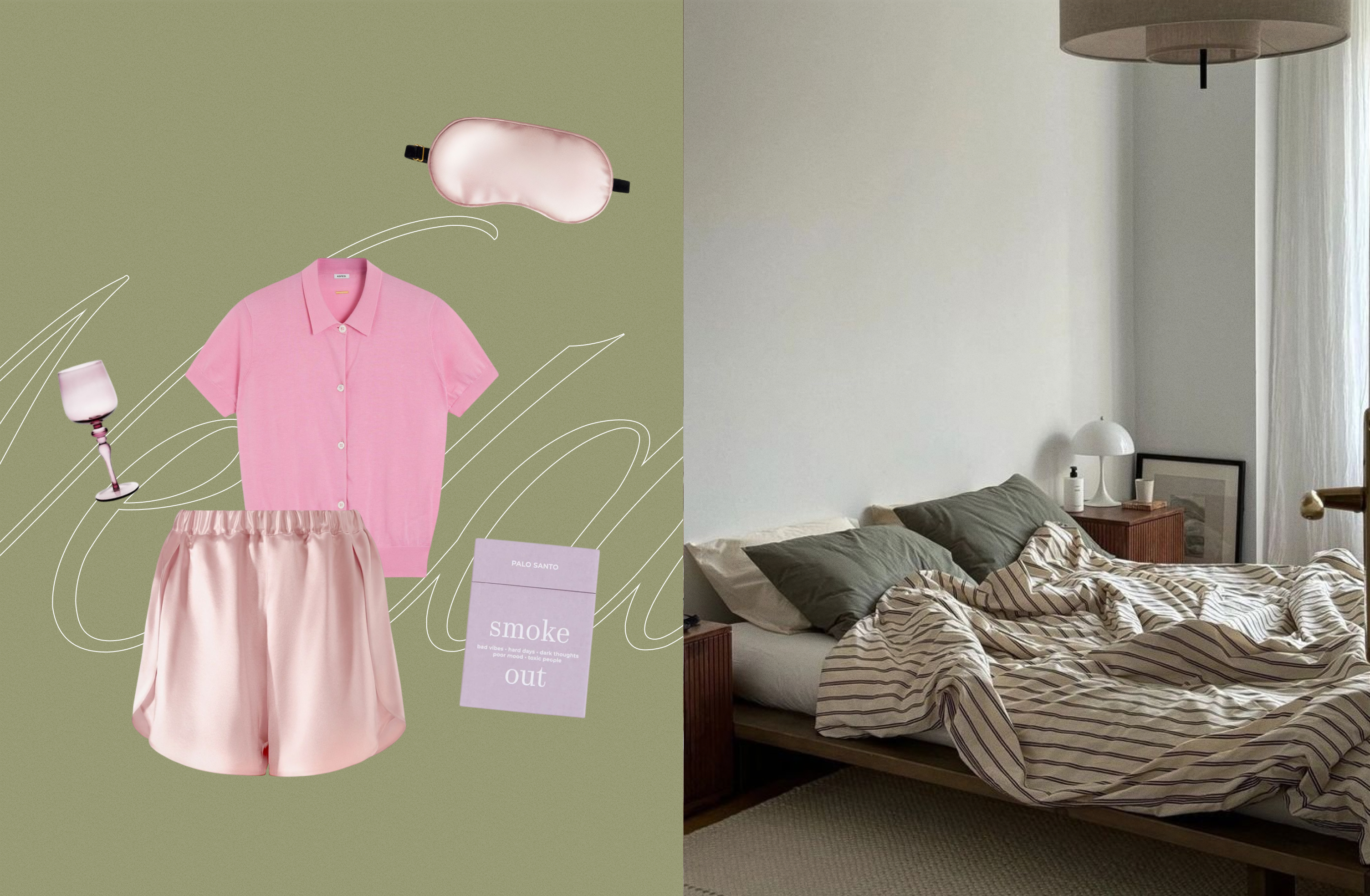 Поло ASPESI, шорты Ayris Silk, маска для сна Ayris Silk, пало санто NUSELF, бокал Bitossi.