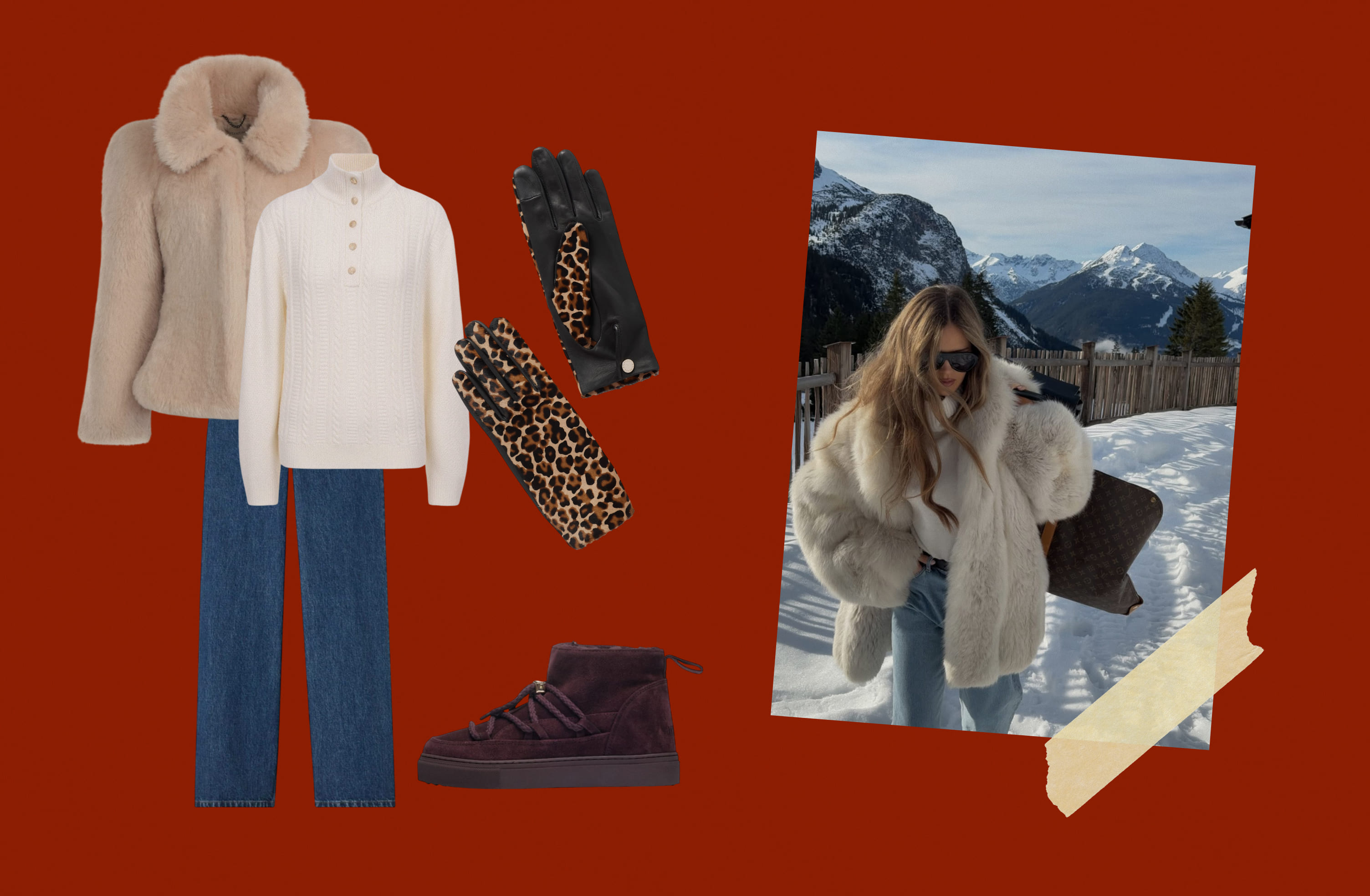 Свитер и джинсы A.P.C., шуба AUTENTIMENTS, ботинки INUIKII, перчатки Agnelle.