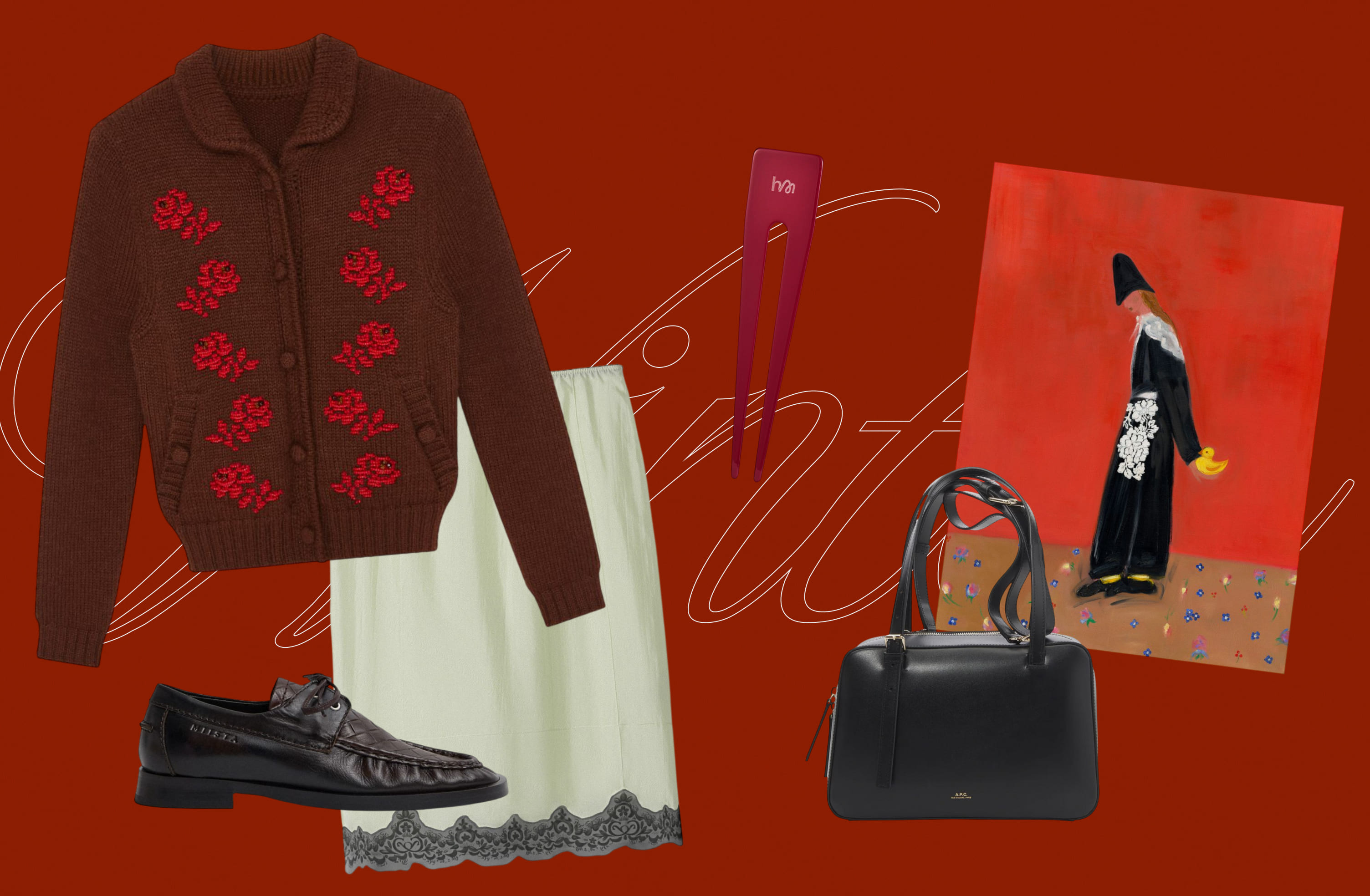 Кардиган SHUSHU/TONG, юбка COIS, лоферы MIISTA, шпилька Hairmates, сумка A.P.C., принт NUSELF x Зарина Гроевая.