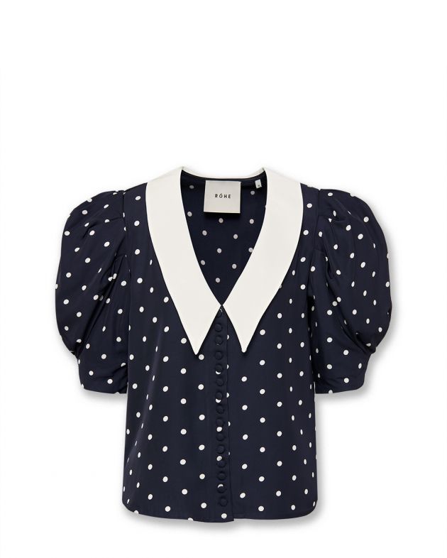 Блуза Mima в горох c отложным шелковым воротником, цвет темно-синий - изображение 1