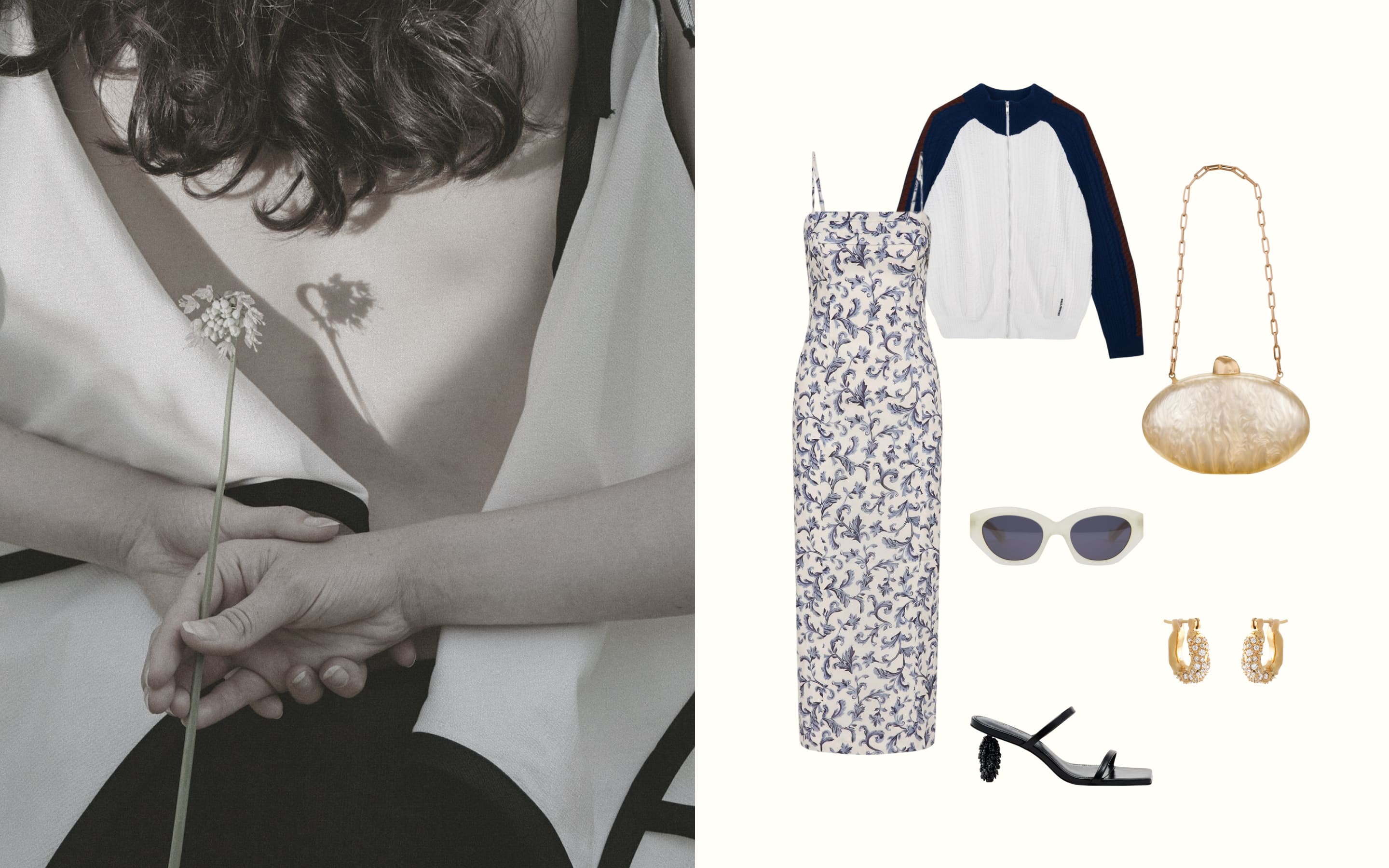 Платье POSSE, кардиган SHUSHU/TONG, мюли и сумка Cult Gaia, серьги Joanna Laura Constantine, очки TOL Eyewear.
