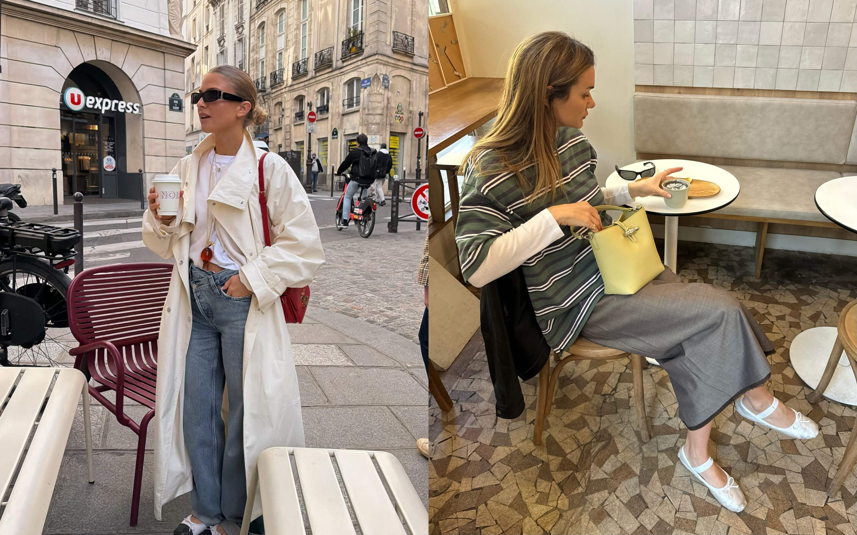 Фото: oliviatps, annelauremais.&nbsp;Каждый элемент этих образов дает по одному очку. Все вещи минималистичные и по форме, и по фактуре. На футболке принт, но полоска сдержанных оттенков, так что все равно запишем один балл.