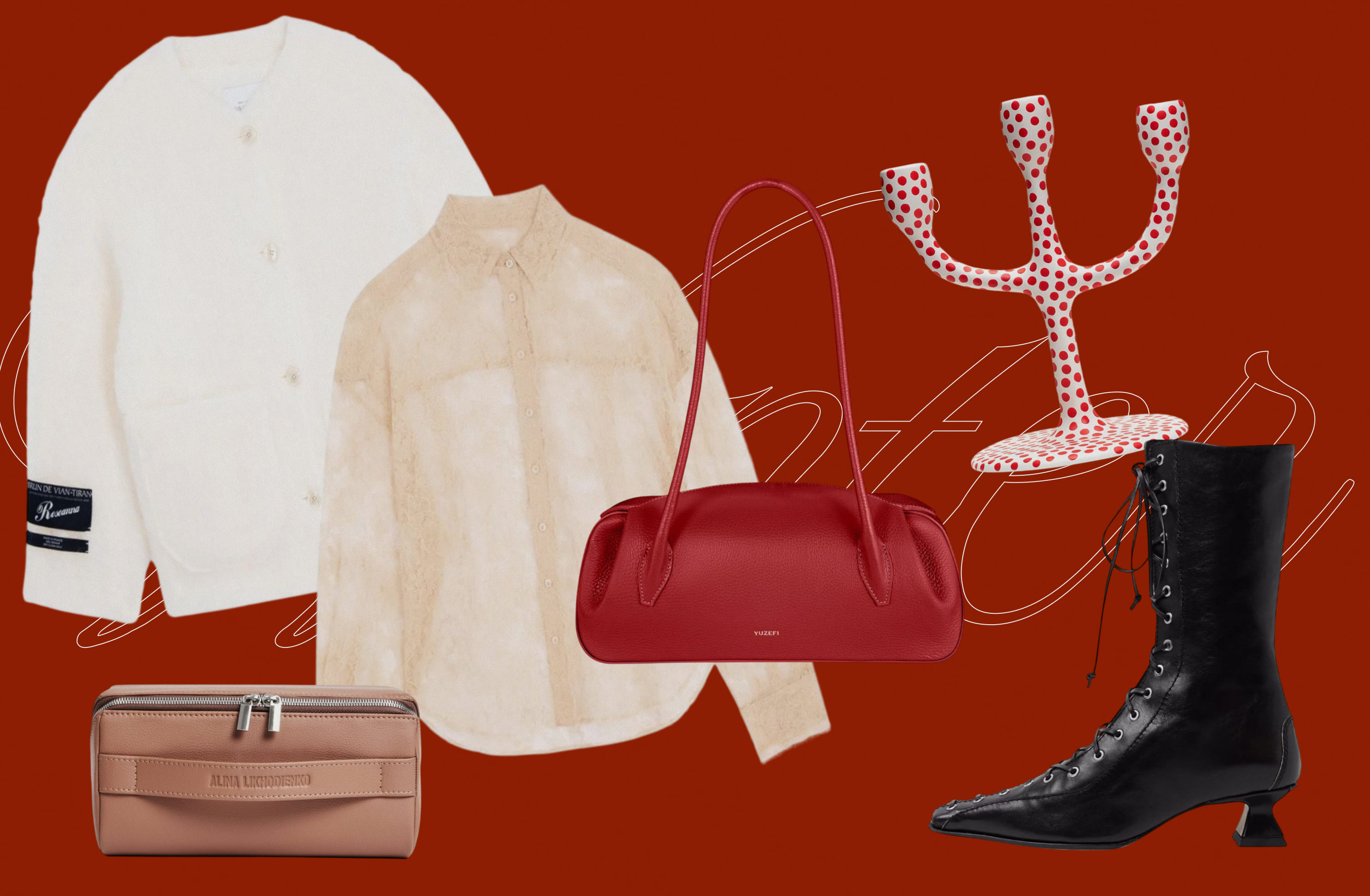 Рубашка и куртка Roseanna, сумка YUZEFI, подсвечник EVE, ботильоны MIISTA, косметичка Alina Likhodienko.