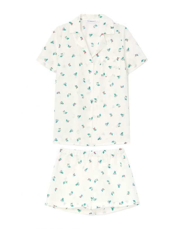 Пижама (рубашка/шорты), цвет Молочный, принт зеленые цветочки - изображение 1
