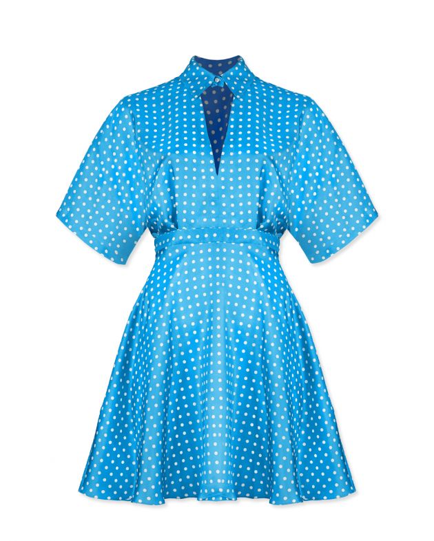 Шелковое платье мини в горох, цвет голубой - изображение 1
