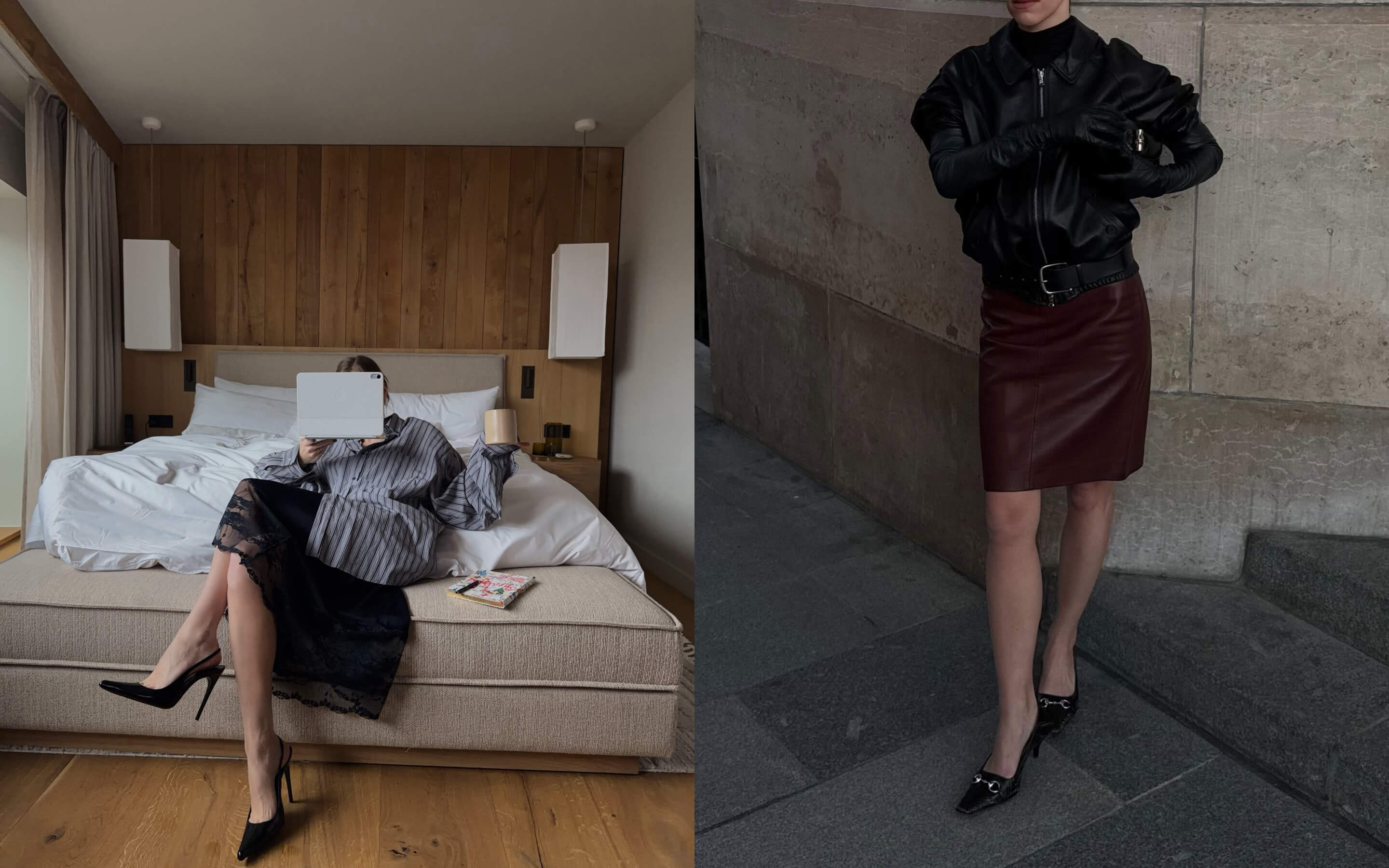 Фото: tineandreaa, laurareilly__. Все вещи кажутся простыми на первый взгляд, но набирают баллы за счет тканей и формы: рубашка гипертрофированно объемная, юбка с кружевом и легким блеском, а образ справа целиком состоит из кожи —&nbsp;дорогого фактурного материала.