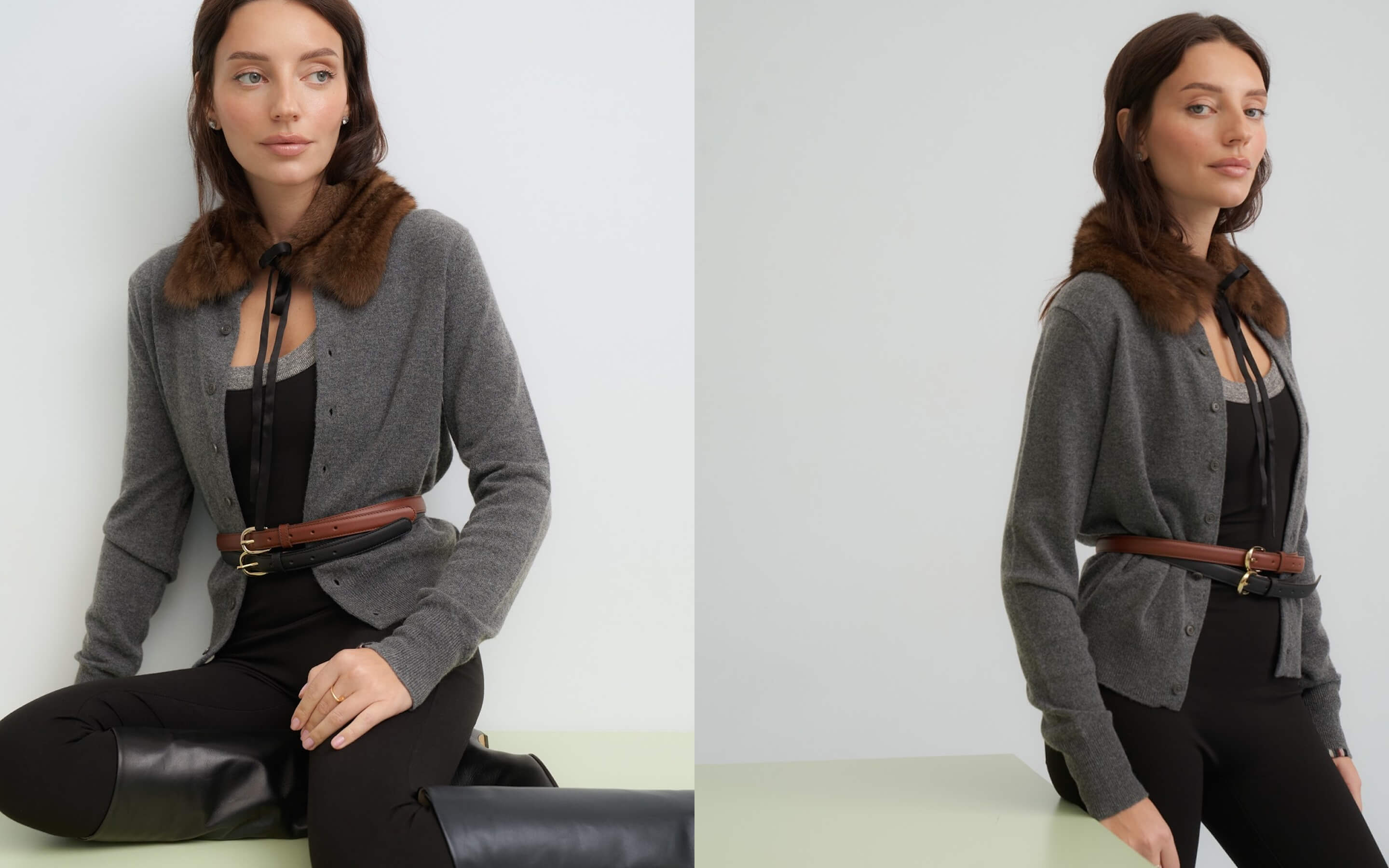 Майка и кардиган LOULOU DE SAISON, леггинсы AUTENTIMENTS, ремни A.P.C., сапоги Le Monde Béryl, воротничок Sencellerie (доступен в бутике на Большой Никитской).